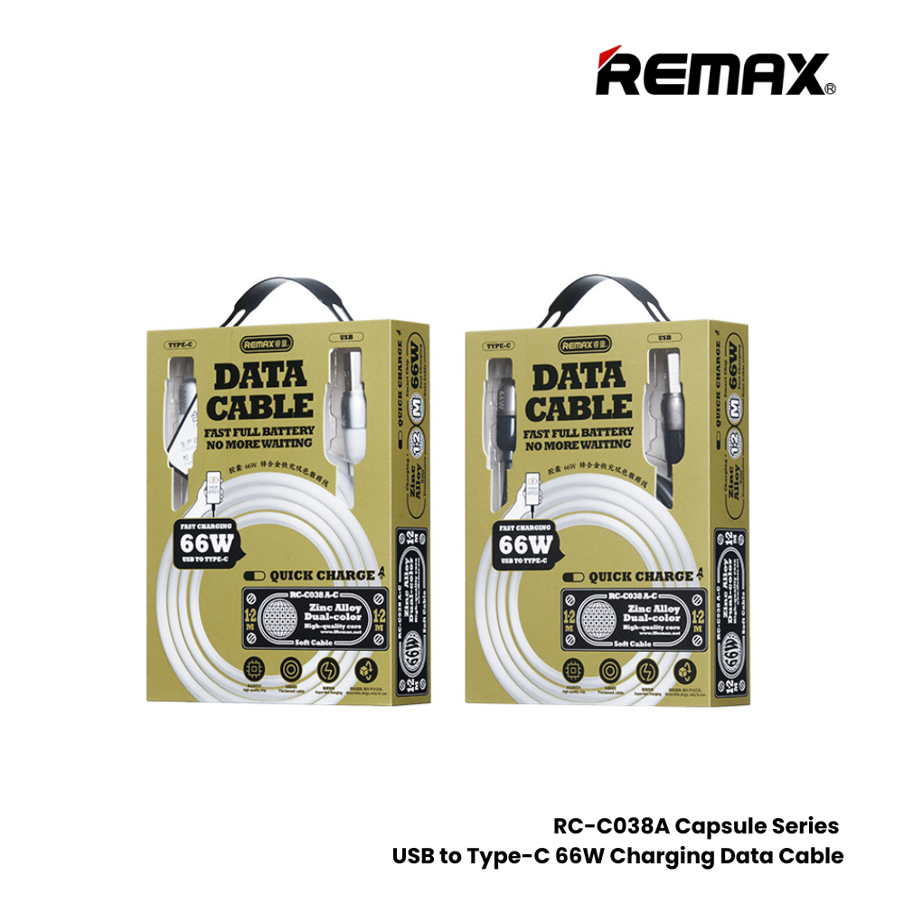 66W ( Type-C )-REMAX RC-C038A Capsule Series 66W USB to Type-C Fast Charging Data Cable - Black