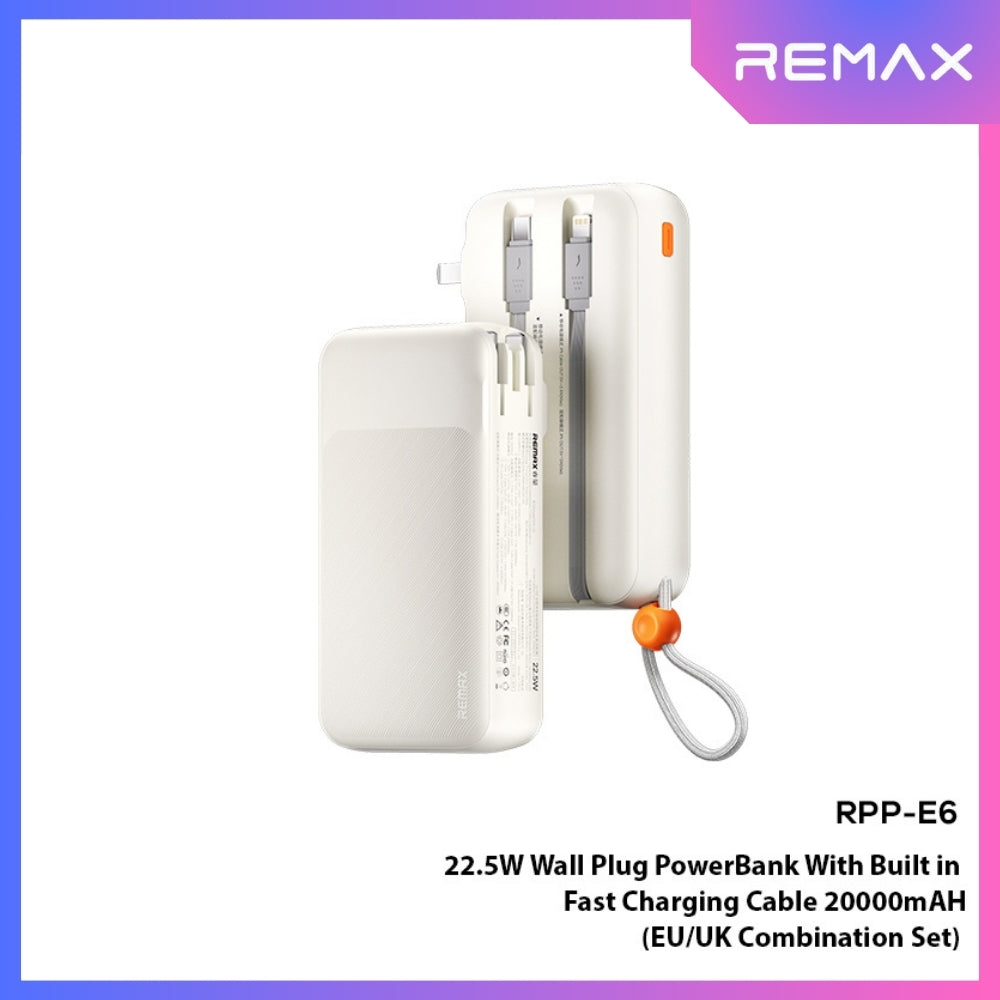REMAX - RPP-E6 20000mAh PD+QC Fast Charging Cabled Power Bank (PD20W+QC22.5W) - White