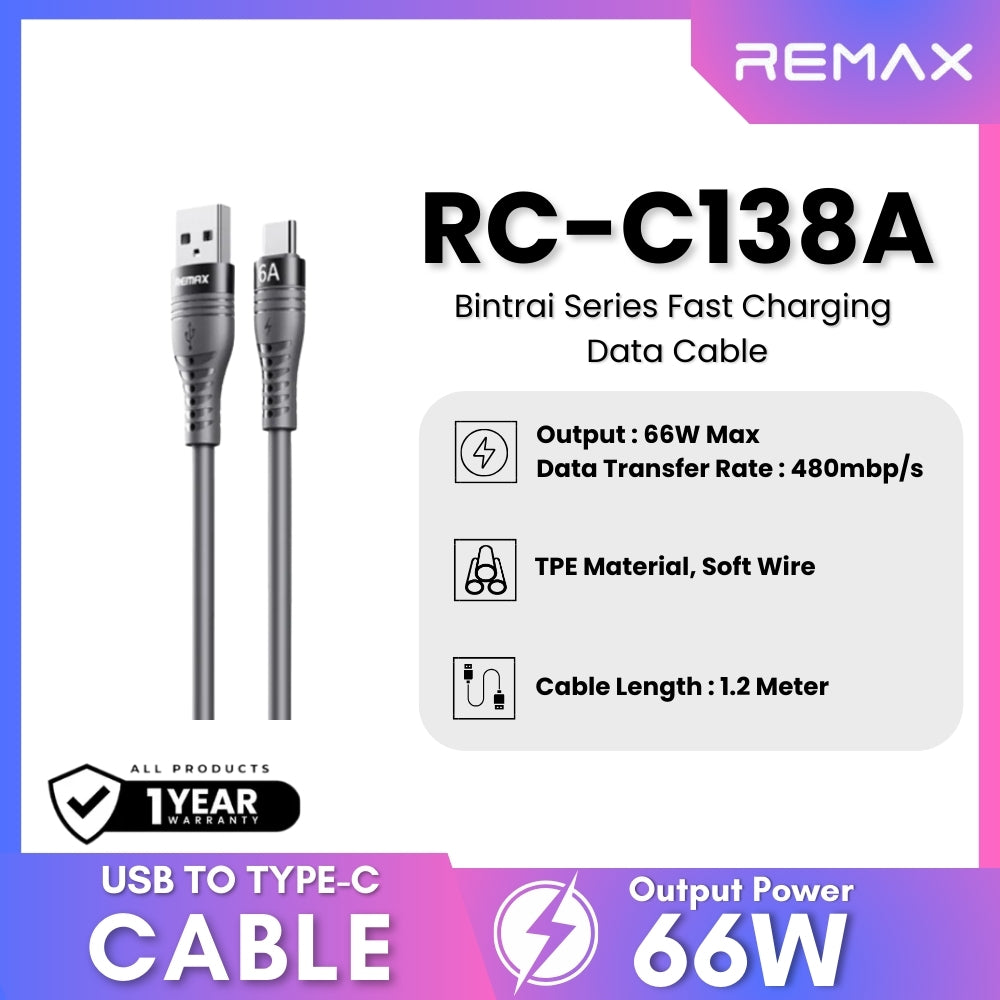 REMAX - RC-C138A Bintrai Series USB to Type-C Fast Charging Data Cable ( 66W ) - Black