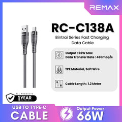 REMAX - RC-C138A Bintrai Series USB to Type-C Fast Charging Data Cable ( 66W ) - Black