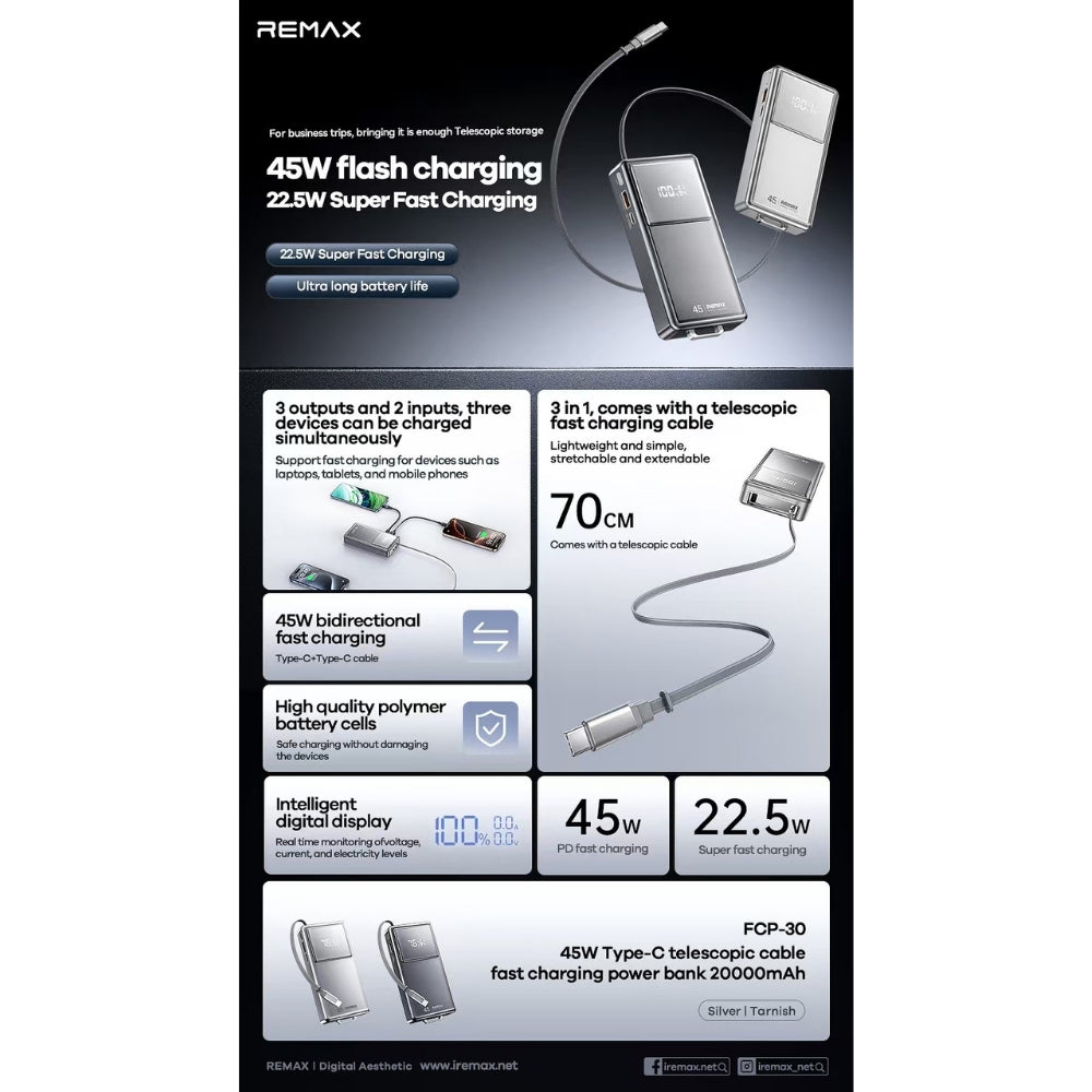REMAX - FCP-30 20000mAh Type-C Scalable Cable Fast Charging Cabled Power Bank ( PD45W ) - Tarnish