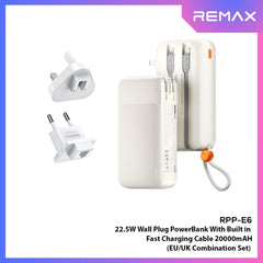 REMAX - RPP-E6 20000mAh PD+QC Fast Charging Cabled Power Bank (PD20W+QC22.5W) - White