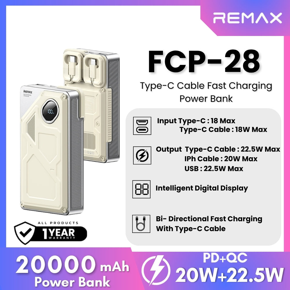 REMAX - FCP-28 20000mAh Fast Charging Cabled Power Bank ( PD20W+QC22.5W ) - Beige