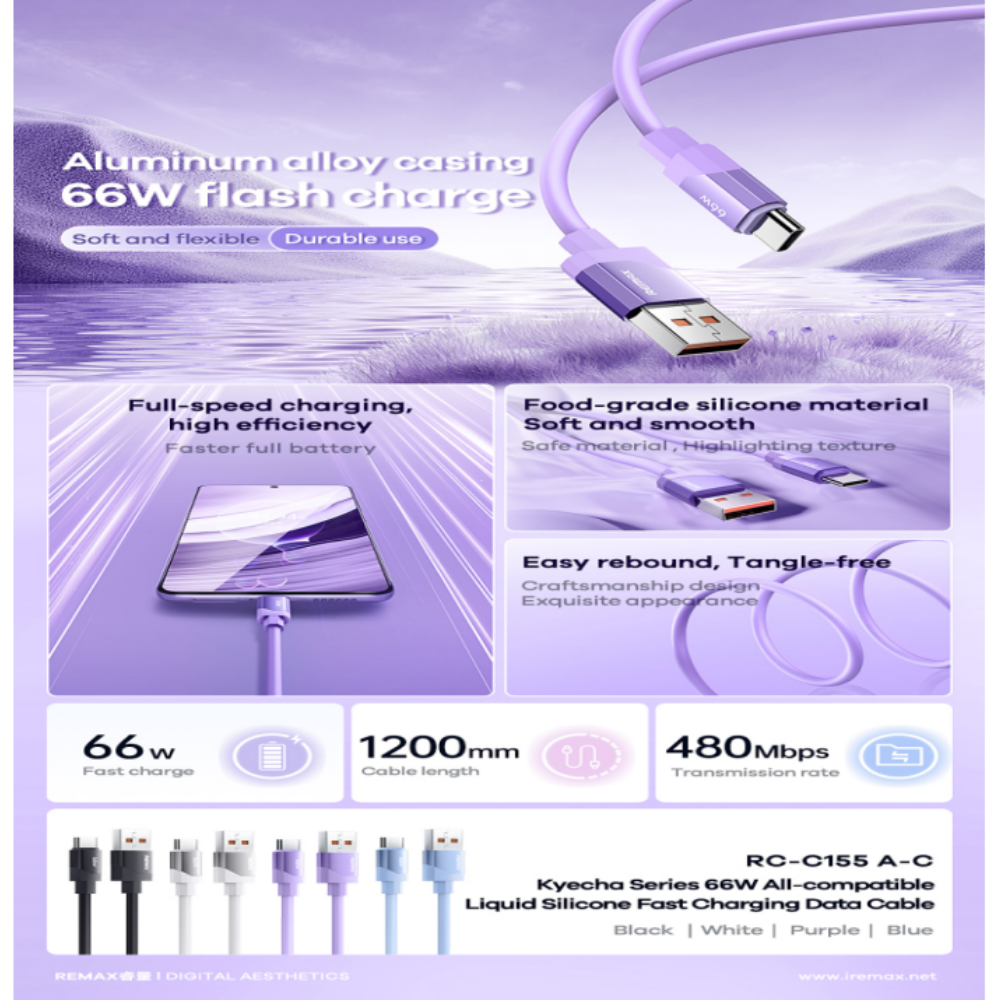 66W ( Type-C )-REMAX RC-C155A Kyecha Series 66W USB to Type-C Fast Charging Data Cable - Purple