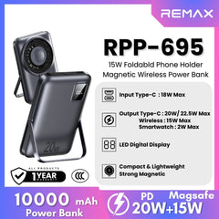 REMAX - RPP-695 10000mAh 3 in 1 Folding Holder Magnetic Wireless Charging Power Bank (PD20W/22.5W, Magsafe15W) - Blue
