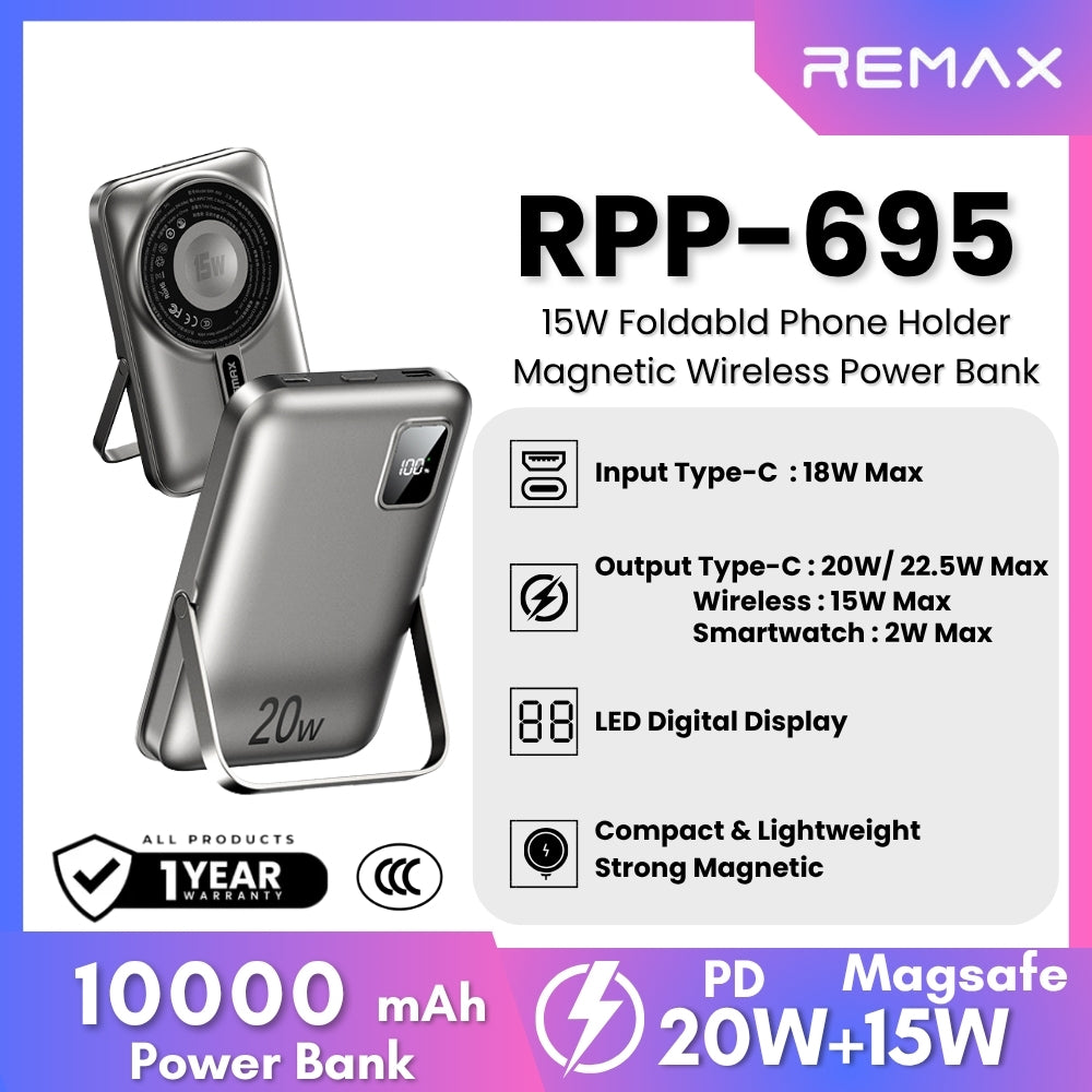 REMAX - RPP-695 10000mAh 3 in 1 Folding Holder Magnetic Wireless Charging Power Bank (PD20W/22.5W, Magsafe15W) - Grey