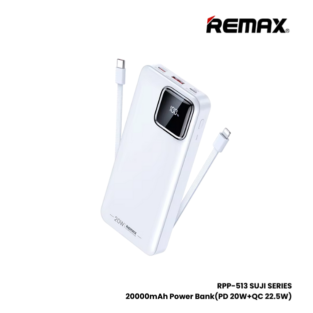 REMAX RPP-513 Suji Series 20000mAh PD+QC Fast Charging Power Bank(PD 20W+QC 22.5W) - White