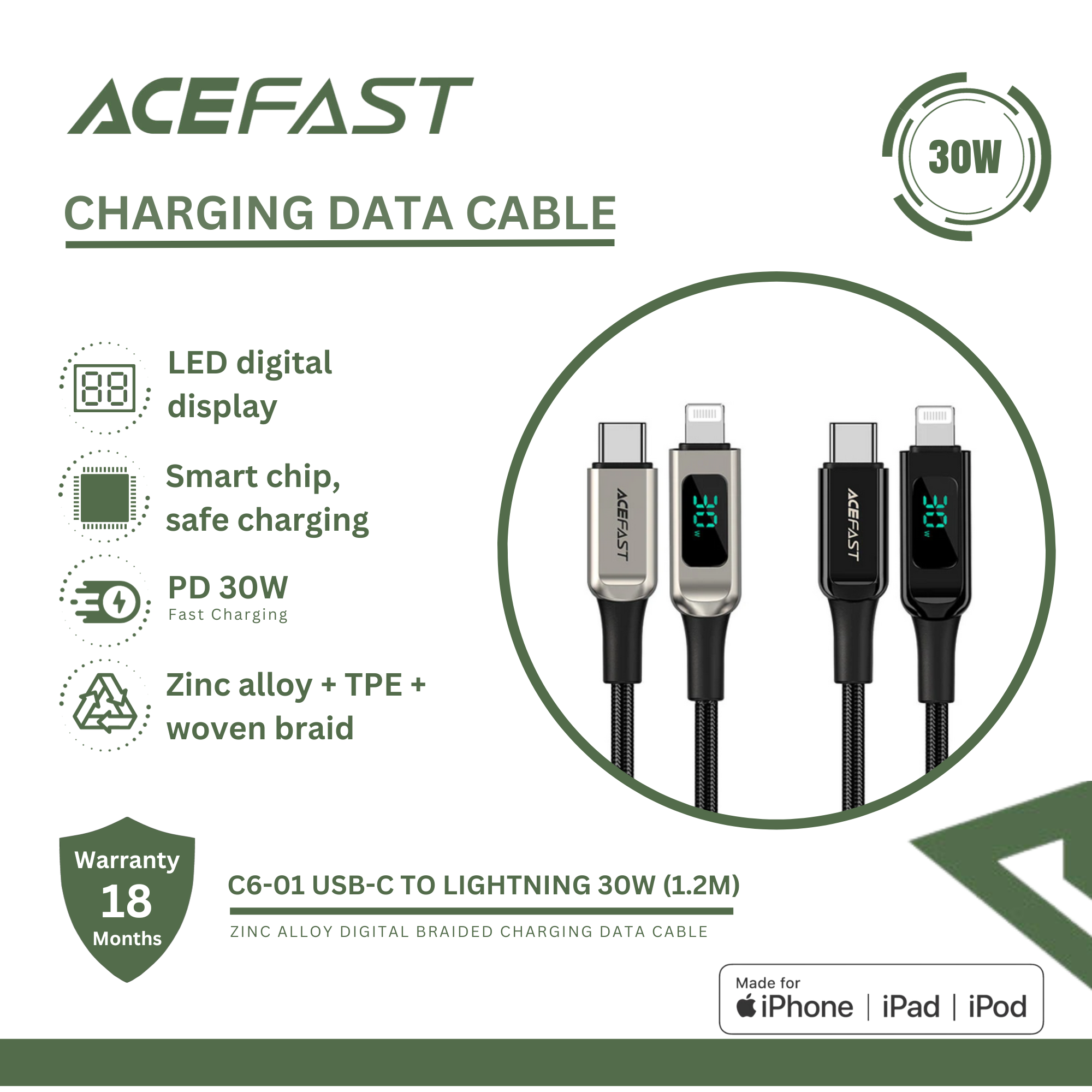 ACEFAST C6-01 USB-C TO LIGHTNING ZINC ALLOY DIGITAL BRAIDED CHARGING DATA CABLE (30W MAX) (1.2M) - SILVER