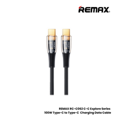 100W ( C to C )-REMAX RC-C062 C-C Explore Series 100W Type-C to Type-C Fast Charging PD Charging Data Cable - Black