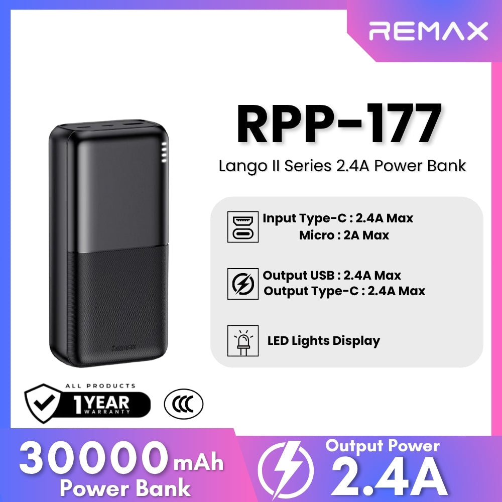REMAX - RPP-177 Lango II Series 30000mah 2.4A Power Bank - Black