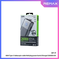 REMAX - CP-17 20000mAh Type-C Telescopic Wall Plug Fast Charging Cabled Power Bank ( PD65W ) - Tarnish