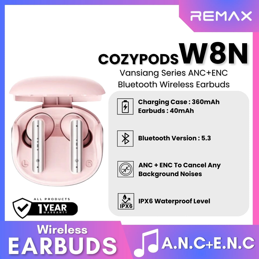 REMAX - COZYPODS W8N Vansiang Series ANC+ENC Bluetooth Wireless Earbuds - Pink