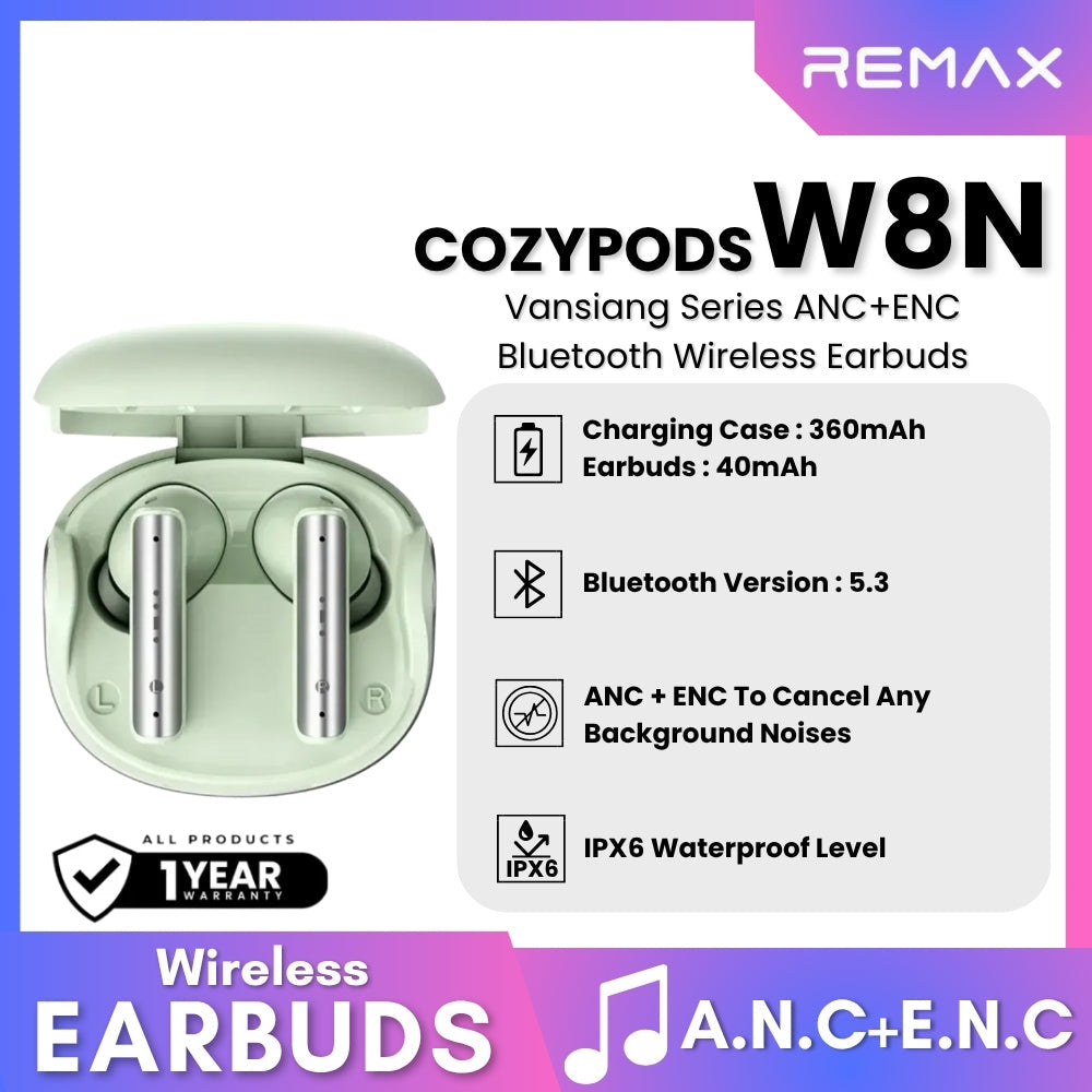 REMAX - COZYPODS W8N Vansiang Series ANC+ENC Bluetooth Wireless Earbuds - Green