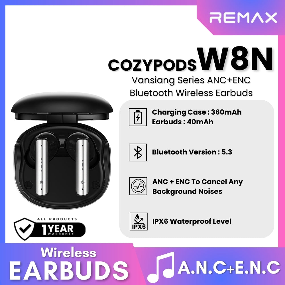 REMAX - COZYPODS W8N Vansiang Series ANC+ENC Bluetooth Wireless Earbuds - Black