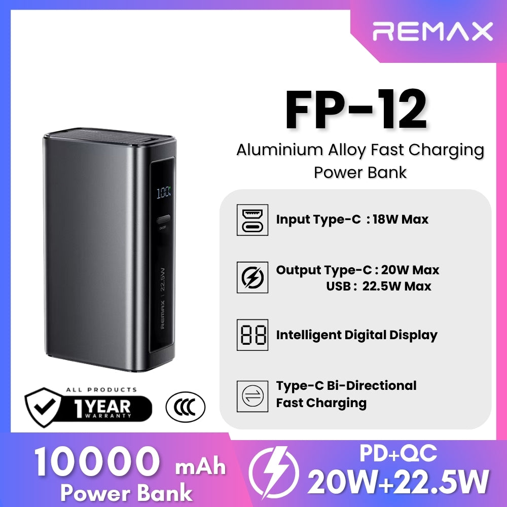 REMAX - FP-12 10000mAh PD+QC Fast Charging Power Bank ( PD20W+QC22.5W ) - Tarnish