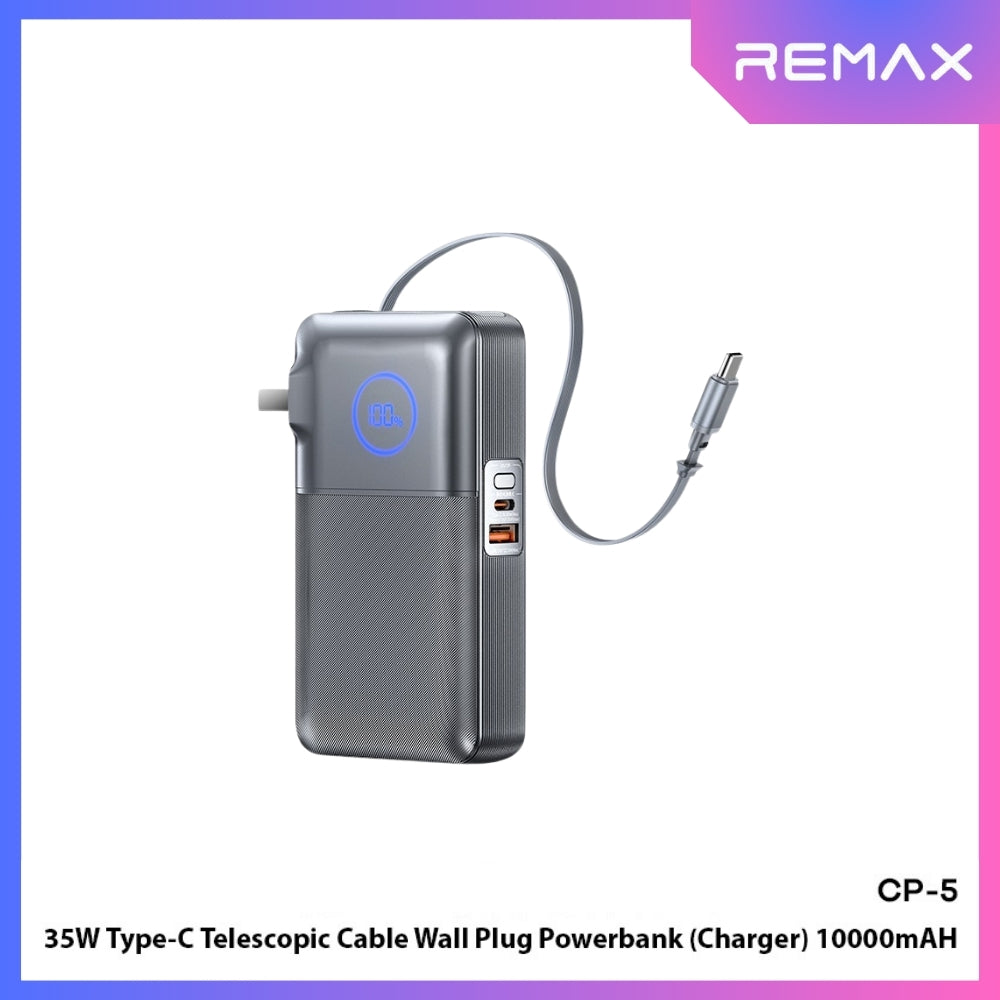 REMAX - CP-5 10000mAh Type-C Telescopic Wall Plug Fast Charging Cabled Power Bank ( PD35W ) - Tarnish