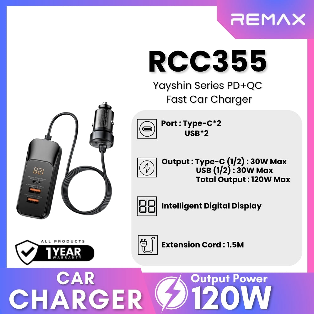 REMAX - RCC355 Yayshin Series PD+QC Worry-Free Fast Car Charger With Digital Display (120W) - Black
