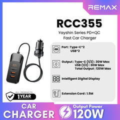 REMAX - RCC355 Yayshin Series PD+QC Worry-Free Fast Car Charger With Digital Display (120W) - Black