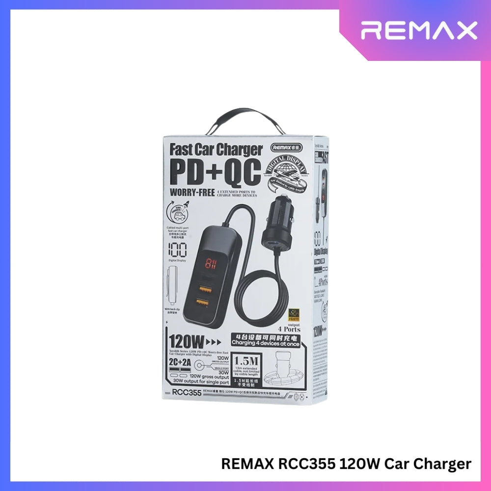 REMAX - RCC355 Yayshin Series PD+QC Worry-Free Fast Car Charger With Digital Display (120W) - Black