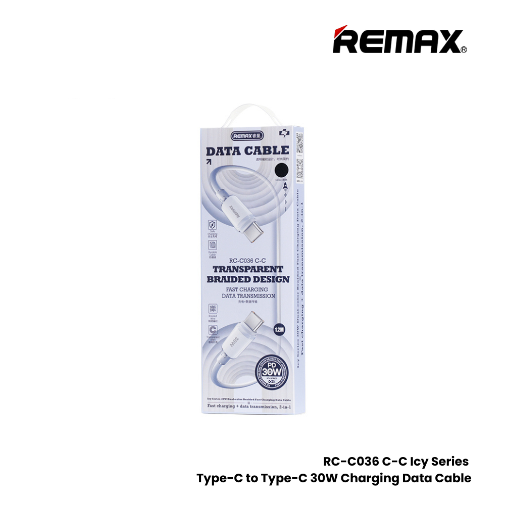 30W ( C to C )-REMAX RC-C036 C-C Icy Series 30W Type-C to Type-C Fast Charging Data Cable - White