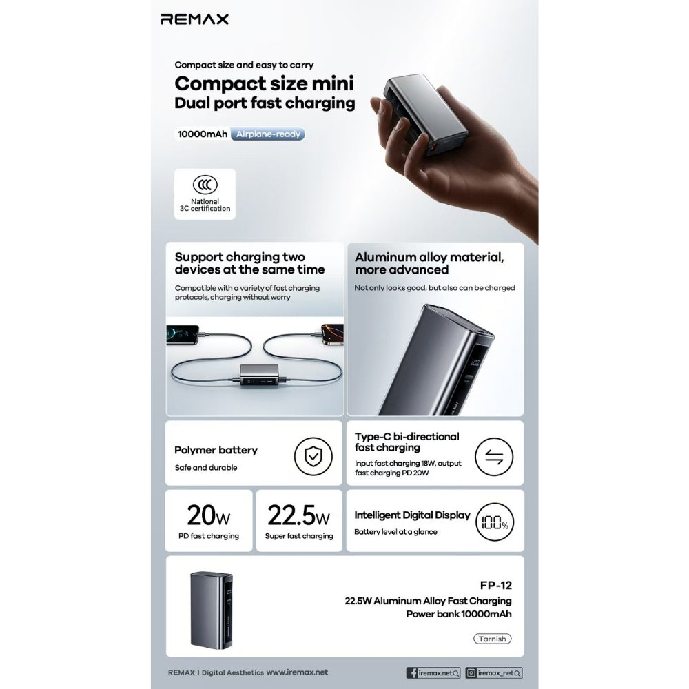 REMAX - FP-12 10000mAh PD+QC Fast Charging Power Bank ( PD20W+QC22.5W ) - Tarnish