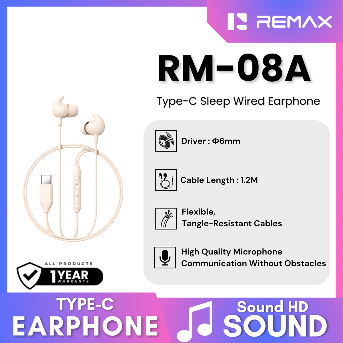 REMAX - RM-08A Type-C Sleep Wired Earphone - Beige