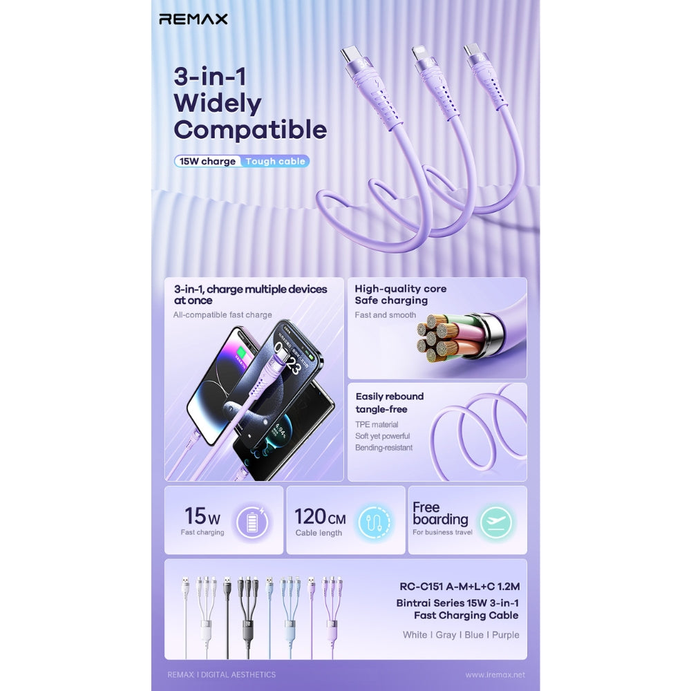 REMAX - RC-C151 Bintrai Series 3 In 1 Fast Charging Data Cable ( 15W ) - White