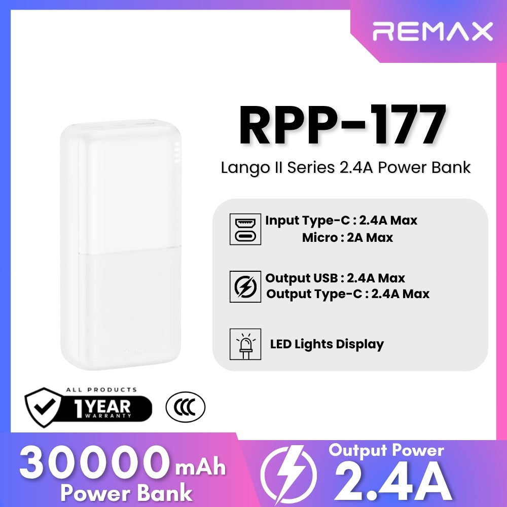 REMAX - RPP-177 Lango II Series 30000mah 2.4A Power Bank - White