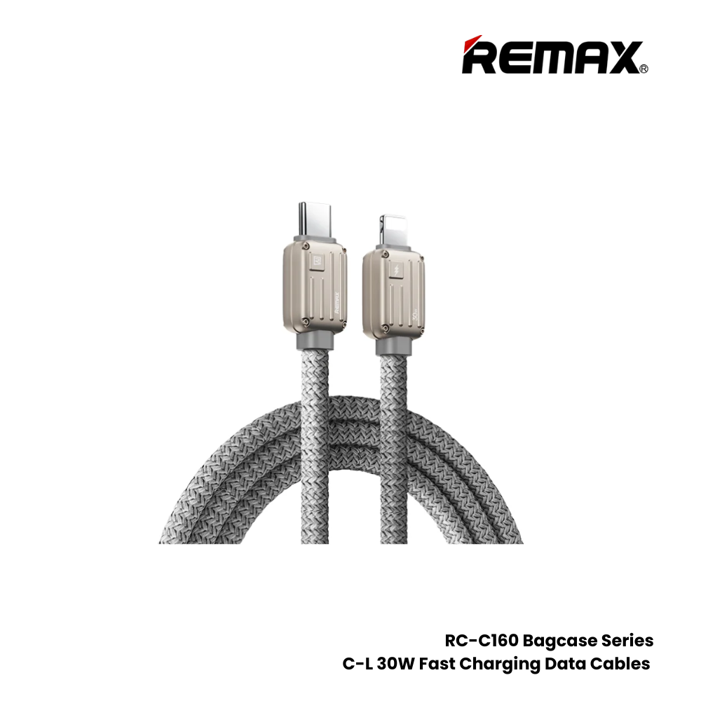 30W ( C to Lightning )-REMAX RC-C160 Bagcase Series 30W Type-C to Lightning PD Fast Charging Data Cable - Grey