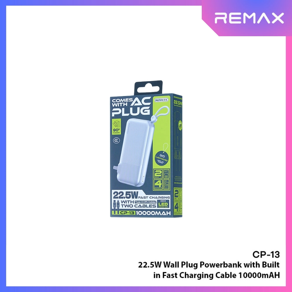 REMAX - CP-13 10000mAh Wall Plug Fast Charging Cabled Power Bank ( PD20W+QC22.5W ) - SIlver