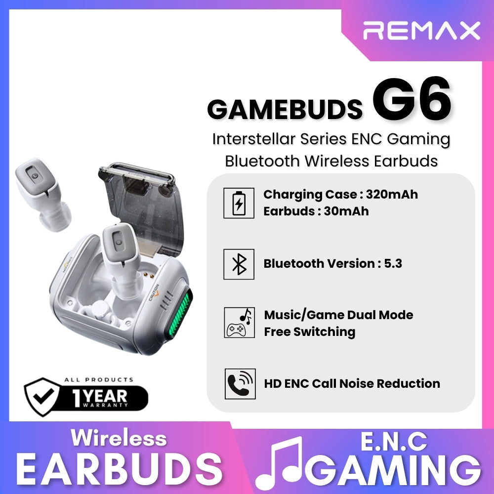 REMAX - GAMEBUDS G6 Interstellar Series ENC Gaming Bluetooth Wireless Earbuds - White