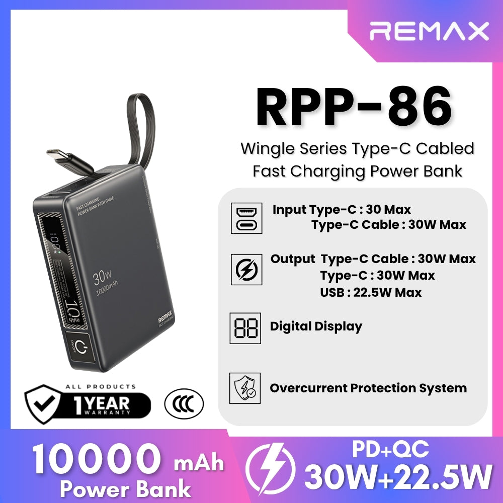 REMAX - RPP-86 10000mAh Wingle Series Type-C Cabled Fast Charging Power Bank (PD30W+QC22.5W) - Grey