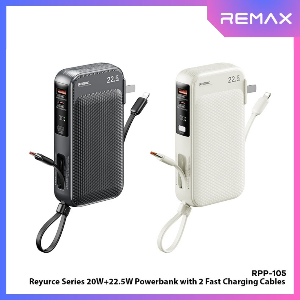 REMAX - RPP-105 Reyuce Series PD+QC Fast Charging Cabled Power Bank ( PD20W+QC22.5W ) - Black