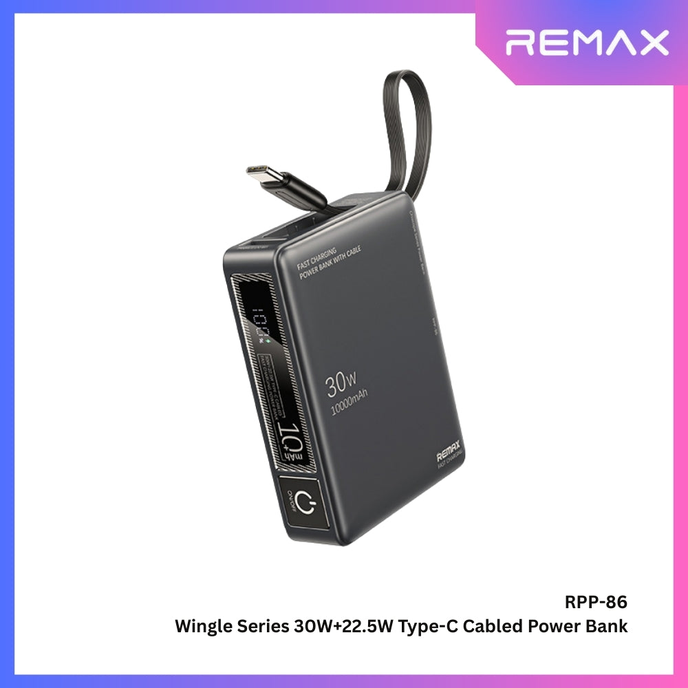 REMAX - RPP-86 10000mAh Wingle Series Type-C Cabled Fast Charging Power Bank (PD30W+QC22.5W) - Grey
