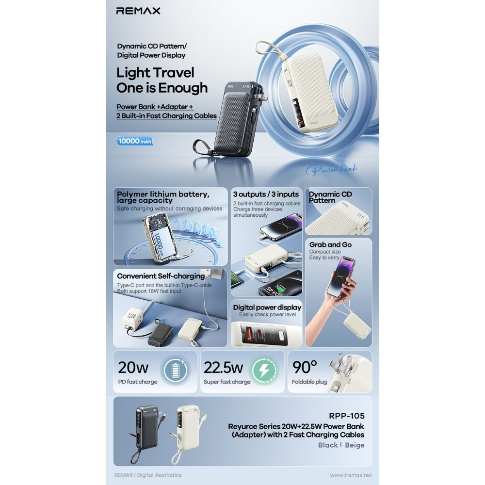 REMAX - RPP-105 Reyuce Series PD+QC Fast Charging Cabled Power Bank ( PD20W+QC22.5W ) - Black