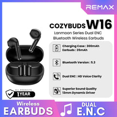 REMAX - COZYBUDS W16 Lanmoon Series ENC Bluetooth Wireless Earbuds - Black