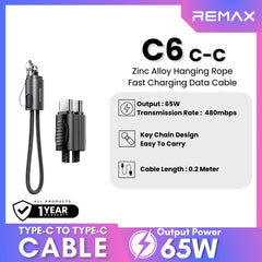 REMAX - C6 C-C Zinc Alloy Hanging Rope Type-C To Type-C PD Fast Charging Data Cable (PD65W) - Black
