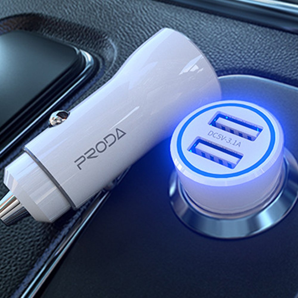 PRODA CAR CHARGER PD-C28 PIONEER SERIES DUAL USB LED LIGHT (3.1A) - White