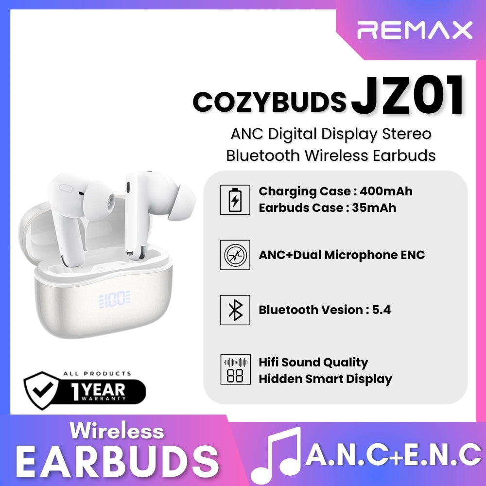 REMAX - COZYPODS JZ01 ANC Digital Display Bluetooth Wireless Earbuds - White