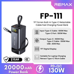 [ Pre-Order ] REMAX -  FP-111 20000mAh TFT Scrren Built-In Type-C Retactable Cable Fast Charging Power Bank - Black