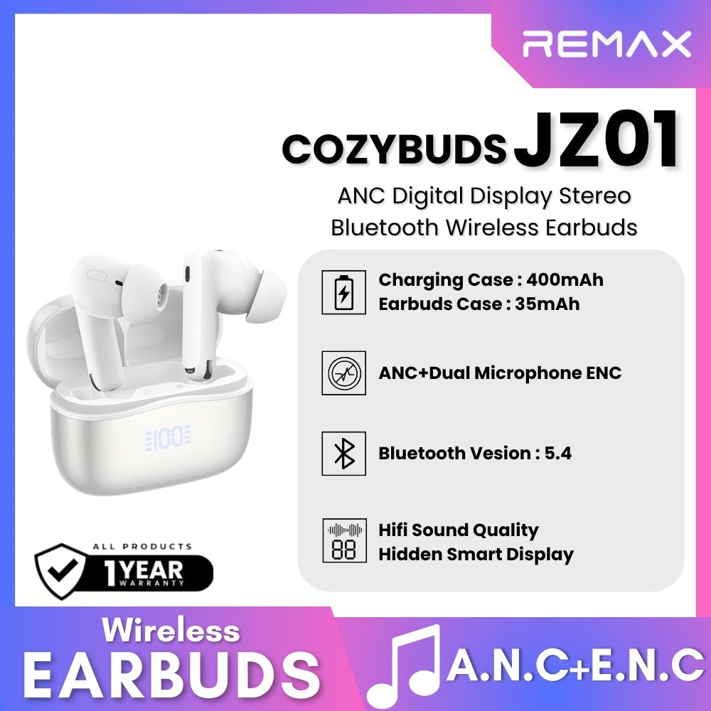 REMAX - COZYPODS JZ01 ANC Digital Display Bluetooth Wireless Earbuds - White