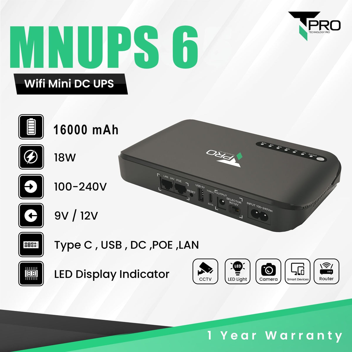 T Pro TP-MNUPS 6 16000mAh Multifunction Network DC UPS(18W) - Black