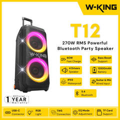 [ Pre-Order ] W-KING - T12 270W RMS With Subwoofer Bass Powerful Bluetooth Party Speaker