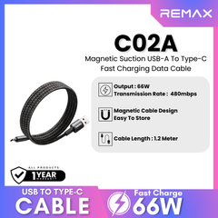 REMAX - C02A Magnetic Suction USB To Type-C Fast Charging Data Cable (66W) - Black