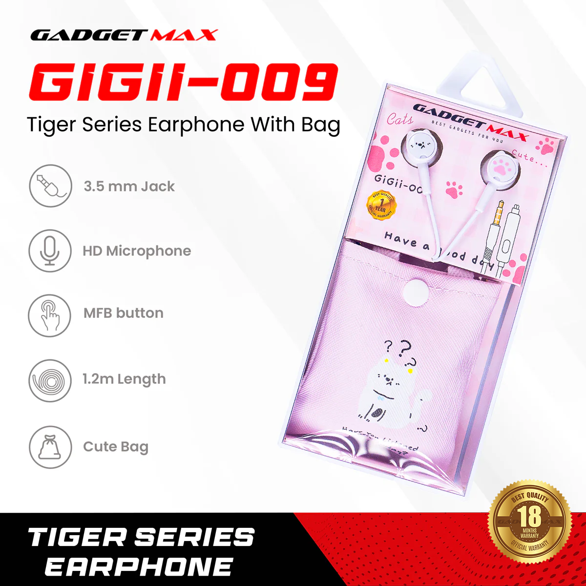 GADGET MAX - GIGII-009 3.5mm Chill Guys Series Wired Earphone - Pink