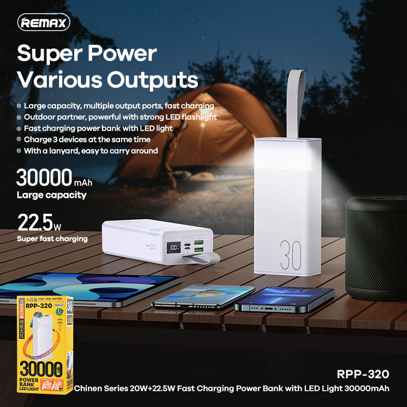 REMAX RPP-320 30000MAH CHINEN SERIES 20W+22.5W FAST CHARGING POWER BANK WITH LED LIGHT-Blue