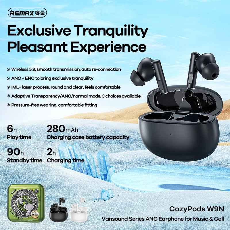 REMAX COZYPODS W9N VANSOUND SERIES ANC WIRELESS EARBUDS FOR MUSIC & CALL - Black