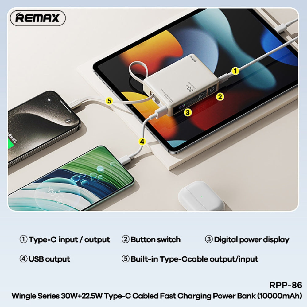 REMAX - RPP-86 10000mAh Wingle Series Type-C Cabled Fast Charging Power Bank (PD30W+QC22.5W) - Beige