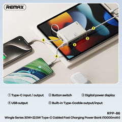 REMAX - RPP-86 10000mAh Wingle Series Type-C Cabled Fast Charging Power Bank (PD30W+QC22.5W) - Beige