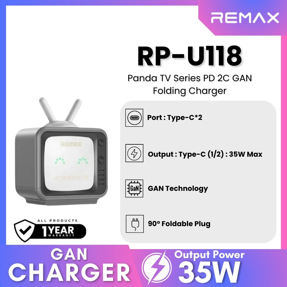 REMAX - RP-U118 PANDA TV Series PD+ QC 2C Gan Folding Charger (35W ...